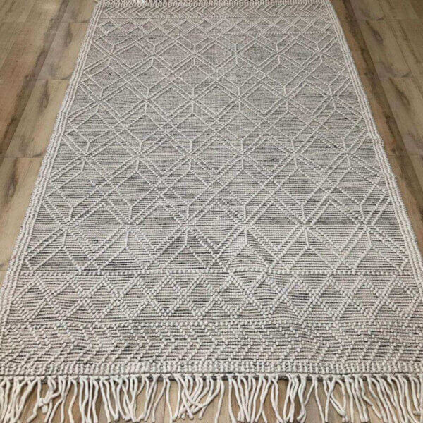 Handwoven charcoal/Off White Chunky fringe Wool Rug - Image 2